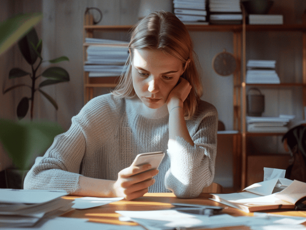 Eine Frau sitzt an einem Tisch voller Papierstapel und schaut ernsthaft auf ihr Smartphone.